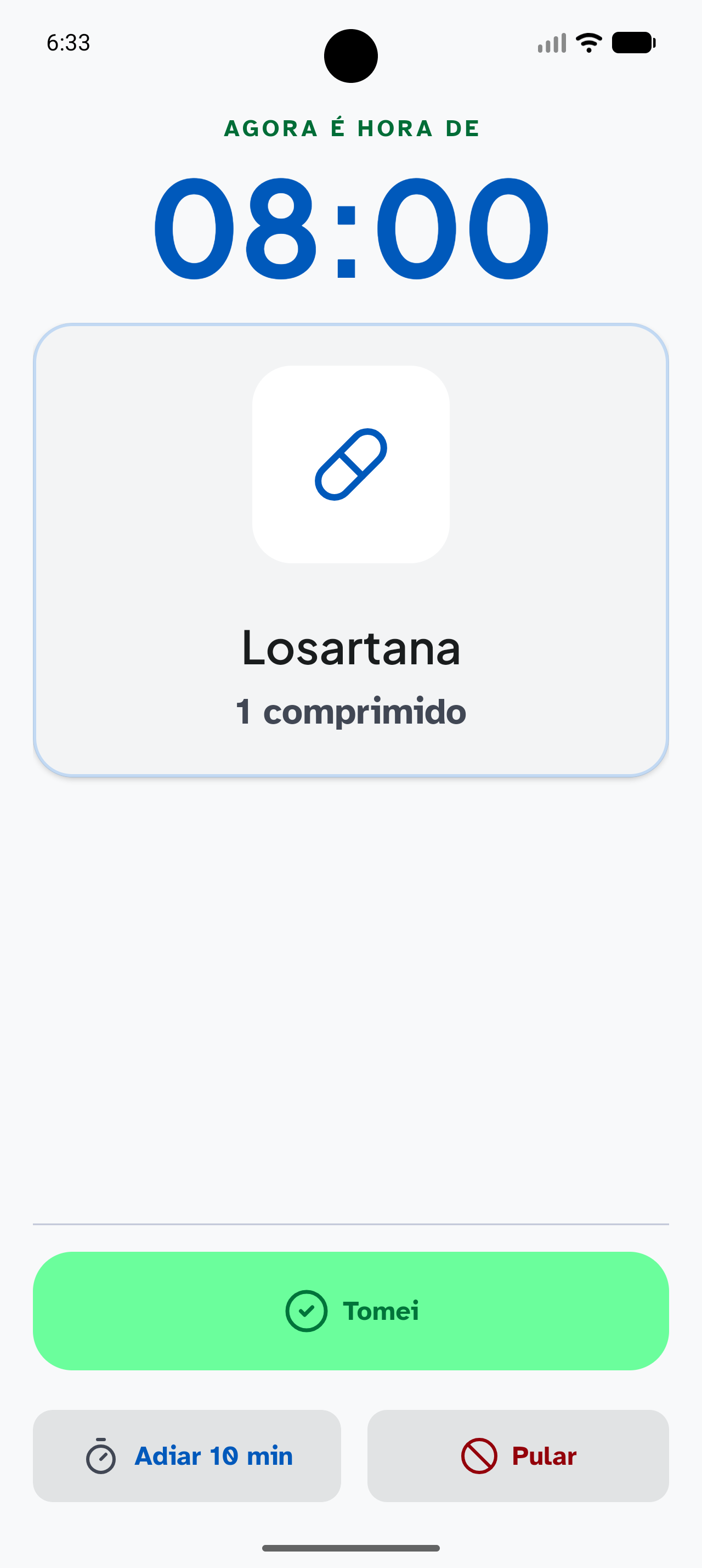 Lembrete em tela cheia do Pingo para tomar Losartana, com ações de tomar, adiar ou pular.