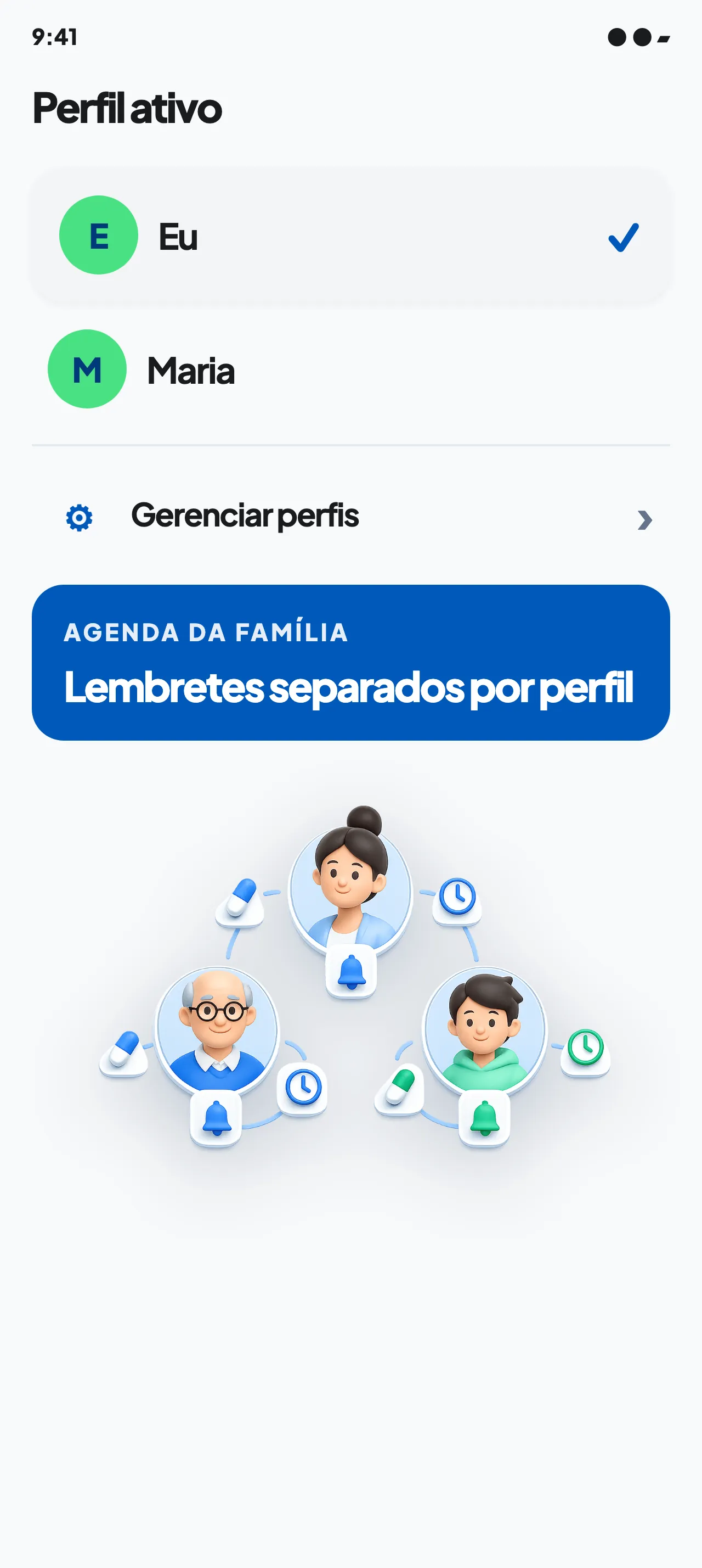 Seleção de perfil ativo no Pingo, com Eu e Maria disponíveis e opção de gerenciar perfis.